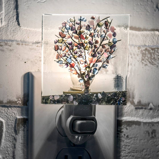 Fused glass night light with colorful tree design