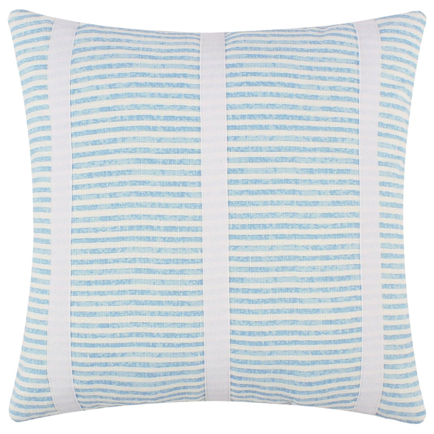 Blue and white striped decorative pillow with vertical appliqué ribbon