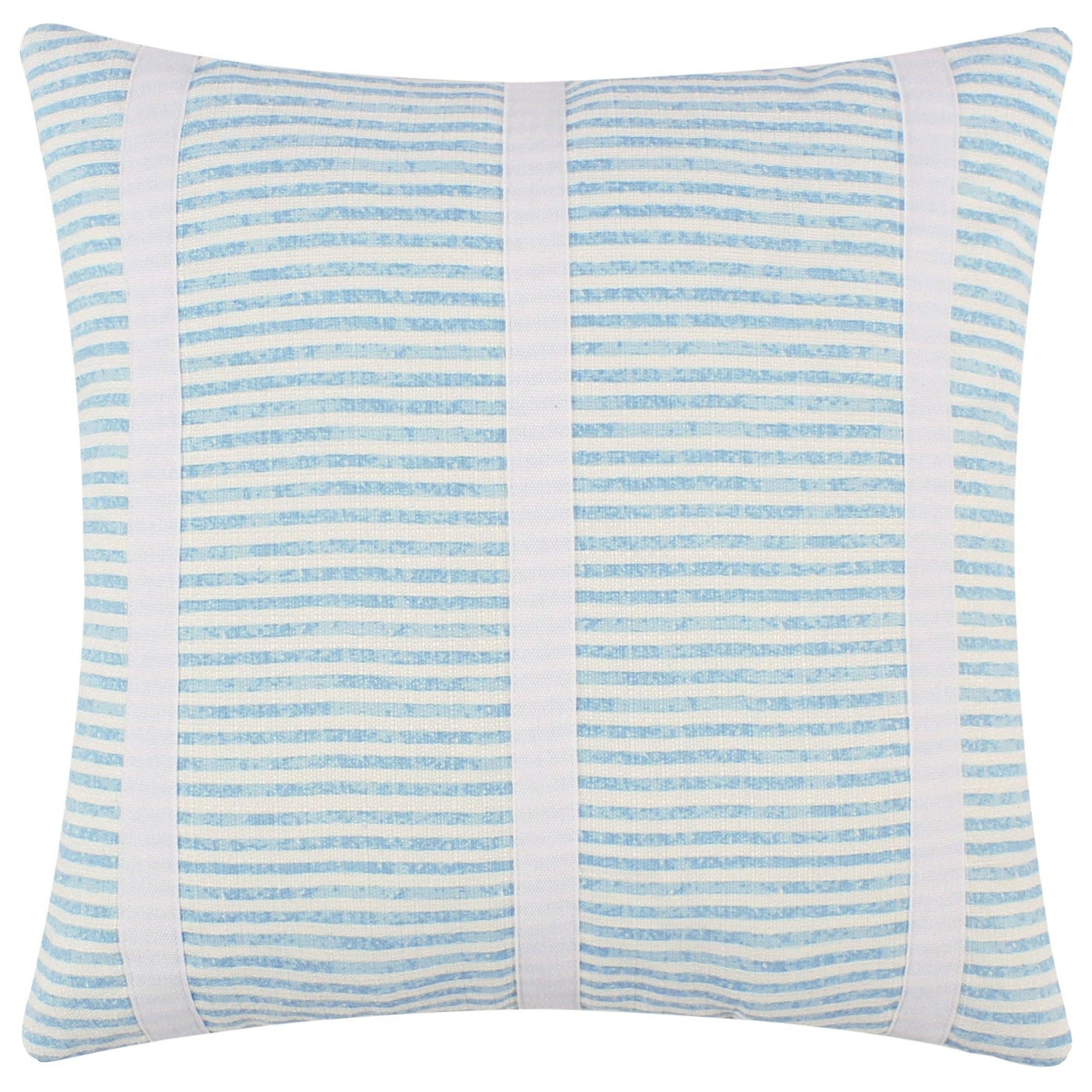 Blue and white striped decorative pillow with vertical appliqué ribbon