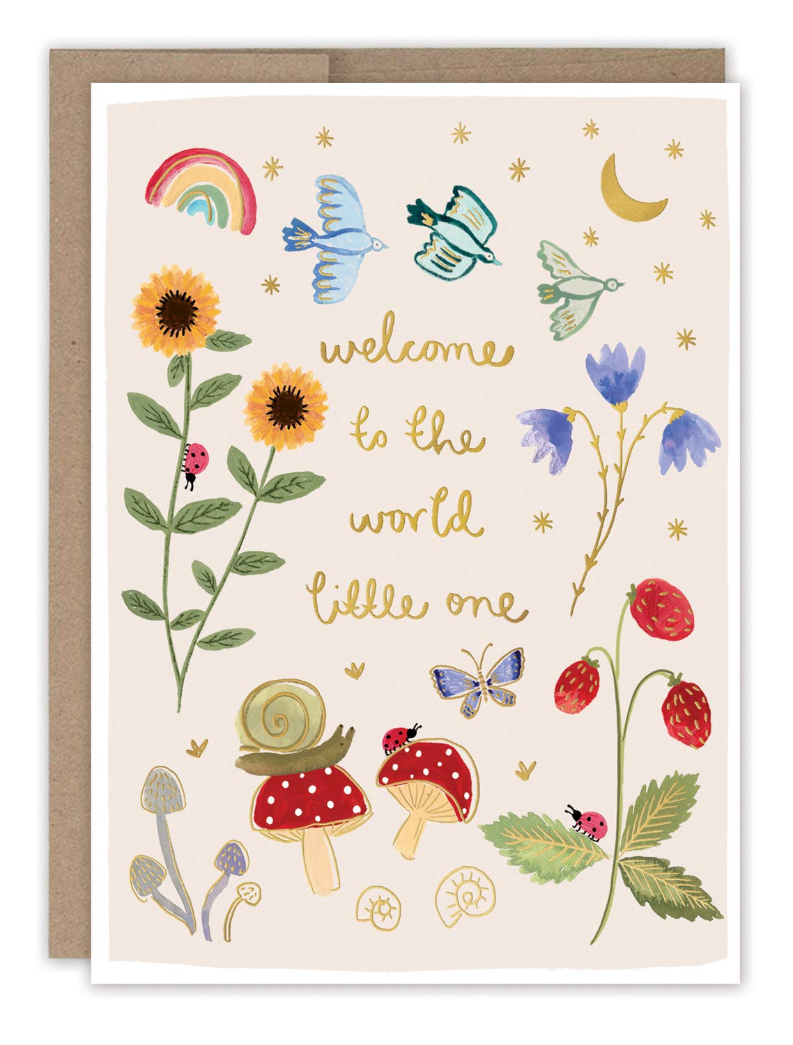 Greeting card with the text "Welcome to the world little one" surrounded by hand-painted sunflowers, birds, strawberries, mushrooms, and a rainbow.
