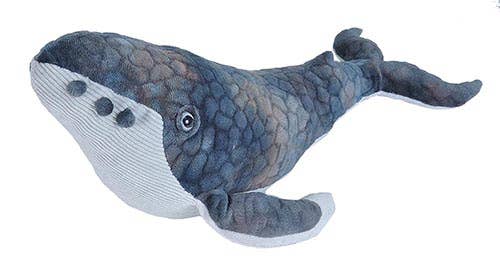 Dark blue and gray plush humpback whale with detailed texture, large fins, and white belly.