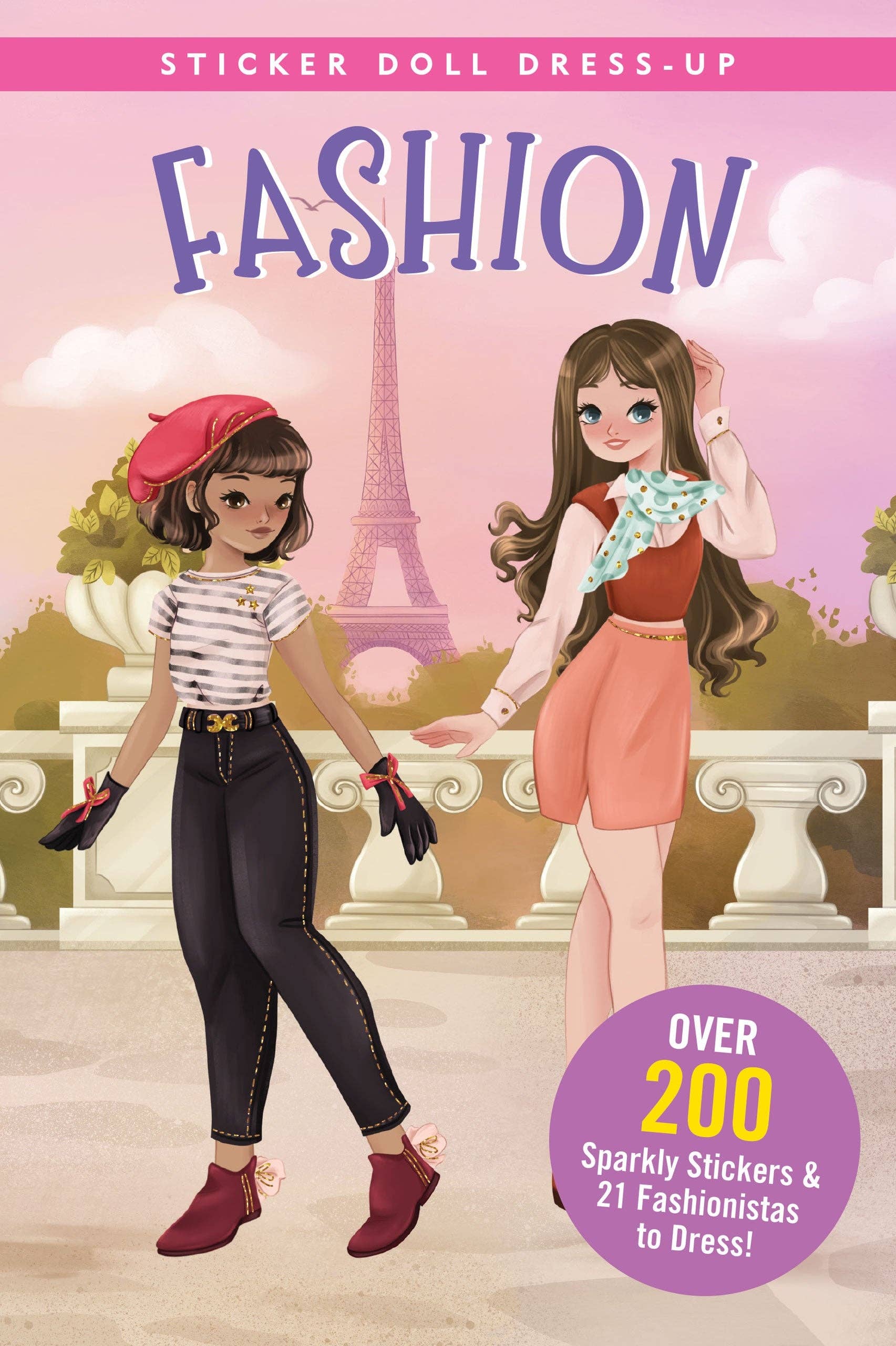 Fashion sticker dress-up book with two illustrated girls in chic outfits and the Eiffel Tower in the background