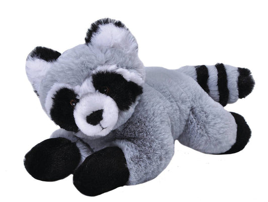 Soft gray and black raccoon plush toy lying down with striped tail