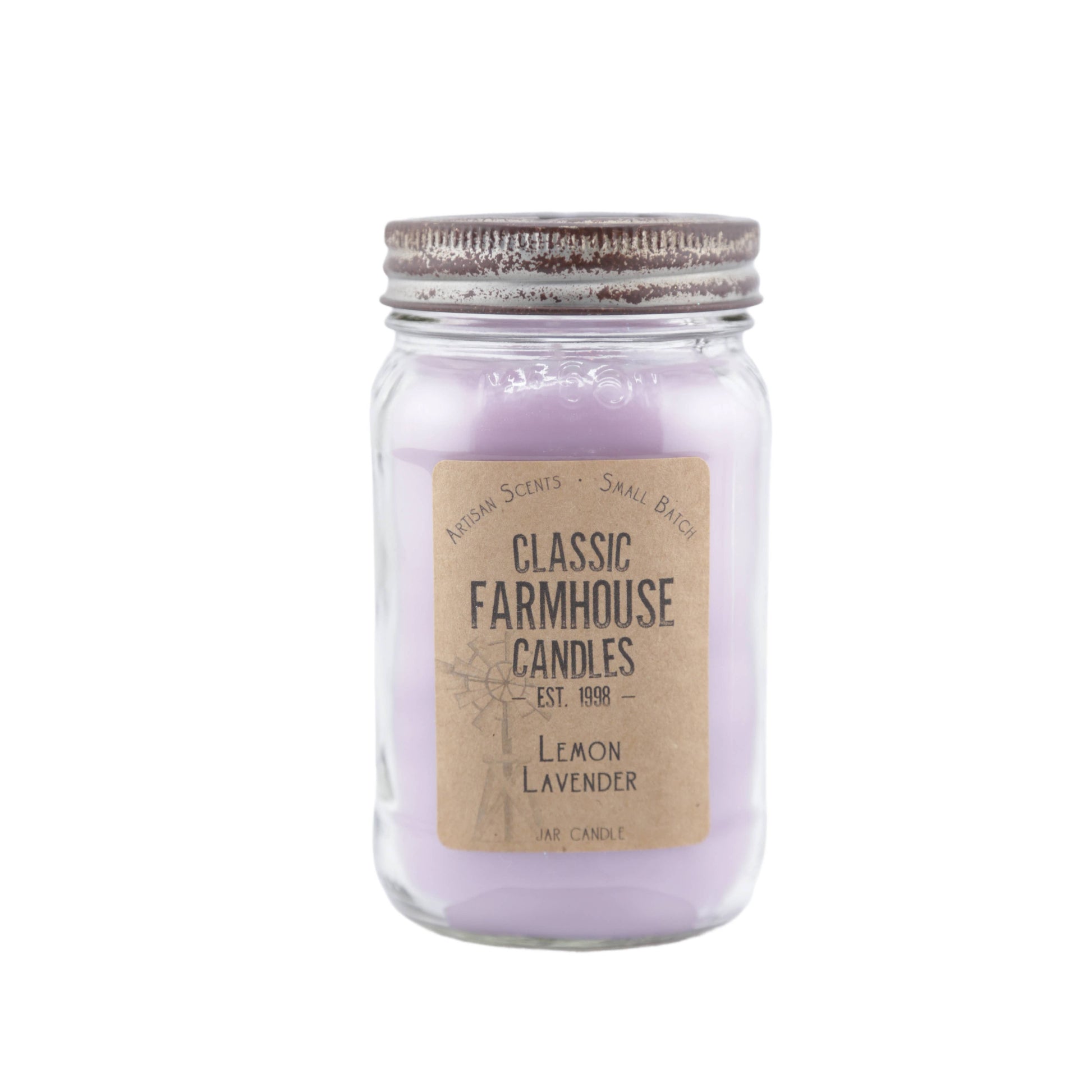 Light purple candle in a glass jar labeled "Lemon Lavender" with distressed silver lid and star cutout.