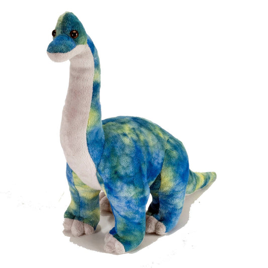 Blue and green Brachiosaurus stuffed animal with long neck and soft plush texture