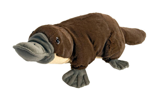 Brown plush platypus toy with realistic bill and webbed feet