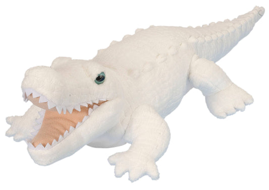 White alligator plush toy with textured fabric and open mouth