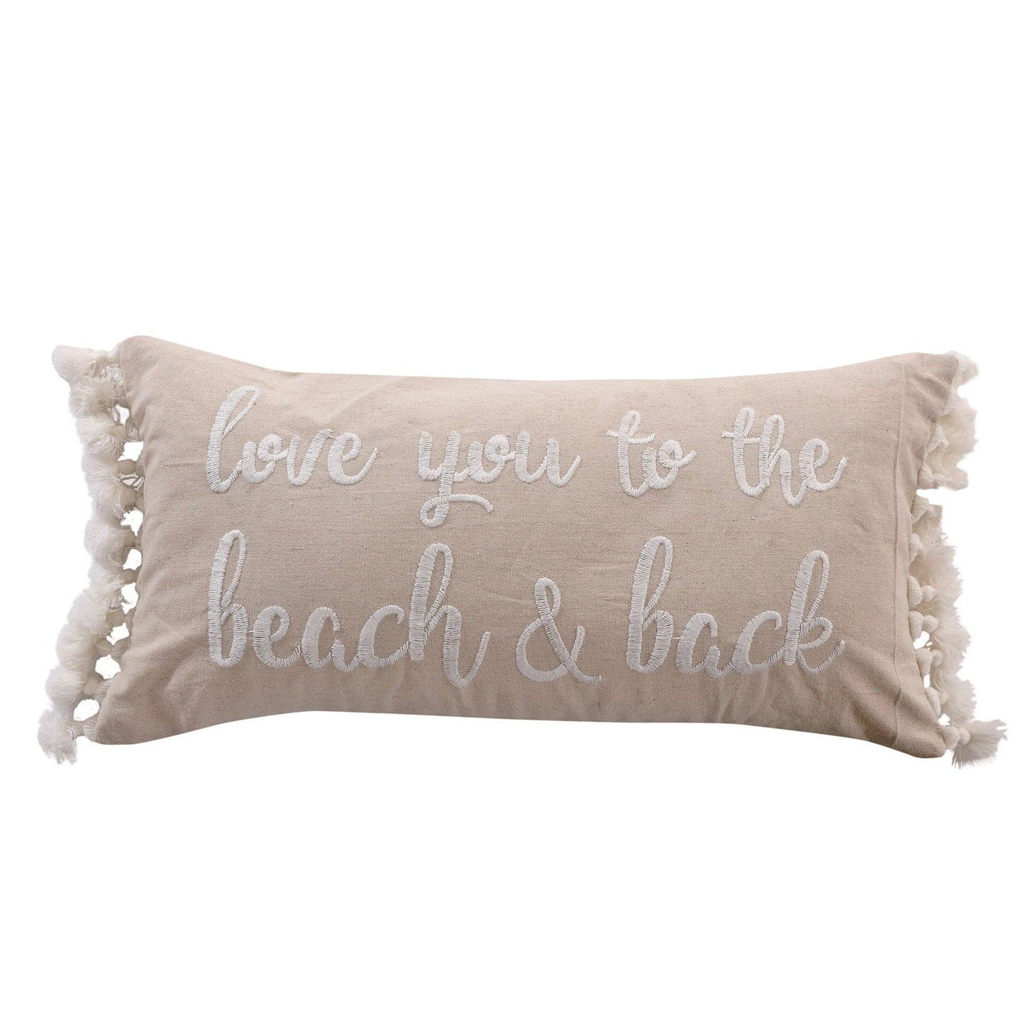 Beige rectangular pillow with white embroidered text and side tassels