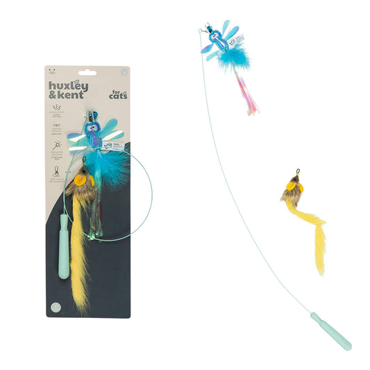 Blue dragonfly and yellow mouse wand cat toy with feathers and bell