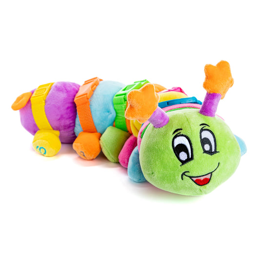 Colorful plush caterpillar toy with ten numbered feet and star-shaped antennae, featuring five buckle sets and a zipper pocket.