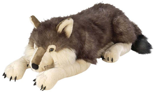 Large realistic wolf plush toy with soft fur and lifelike details