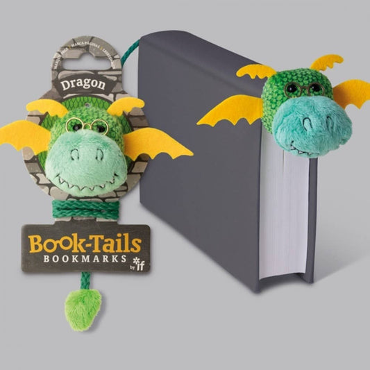 Plush green dragon bookmark with yellow wings and a dangling tail