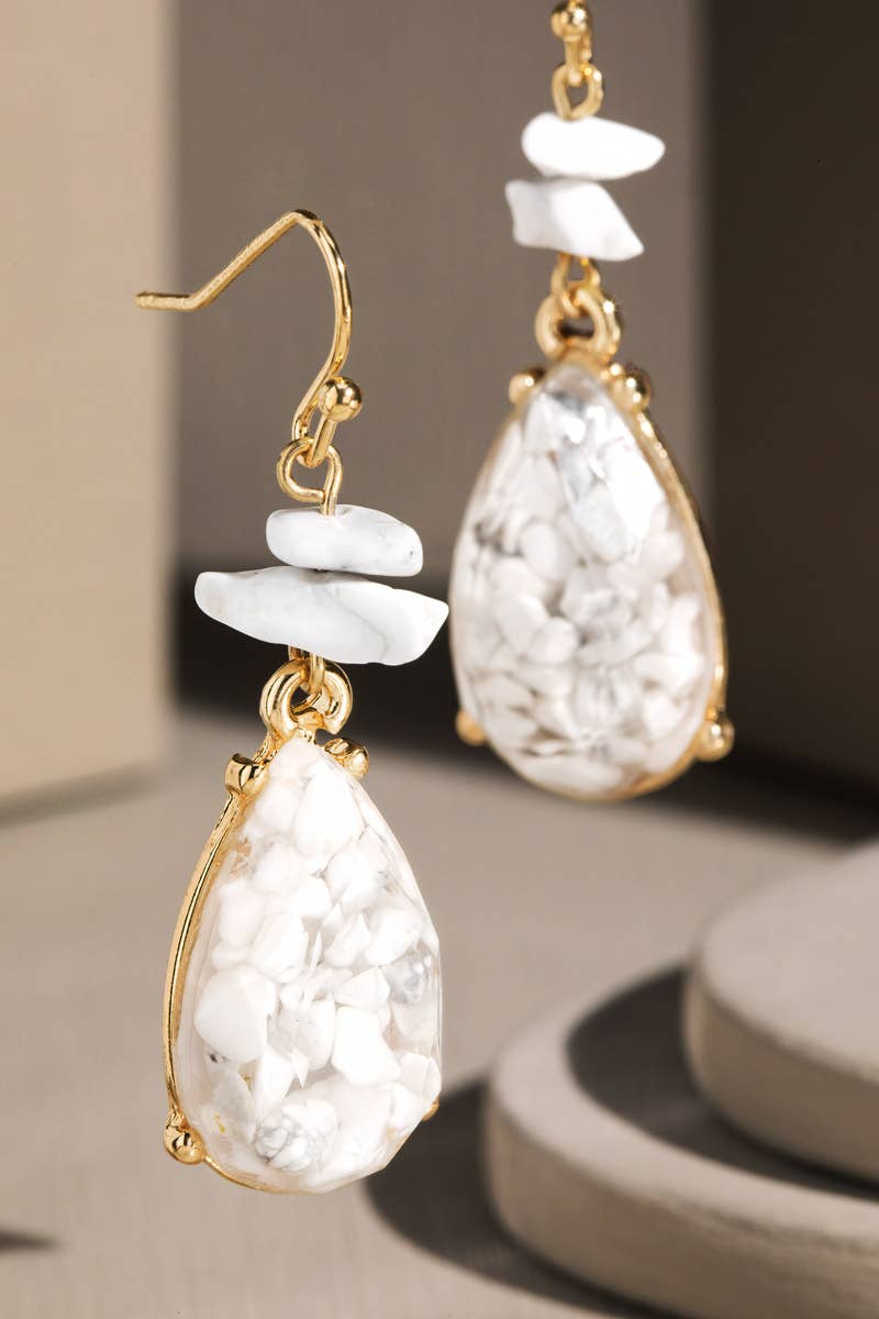 Teardrop earrings with howlite white stone chips and gold accents