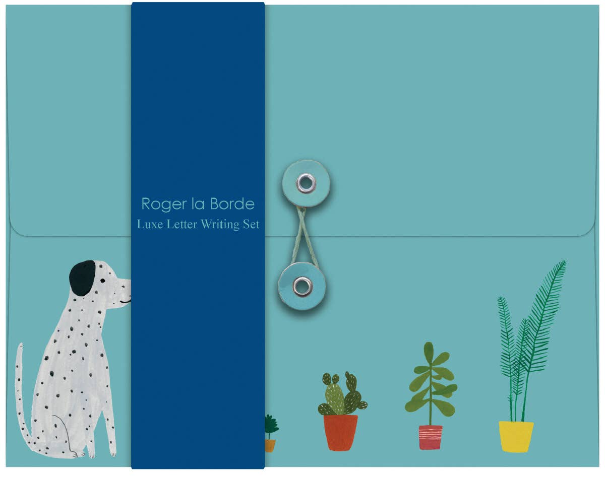 Teal writing paper set folder with a Dalmatian and potted plants illustration