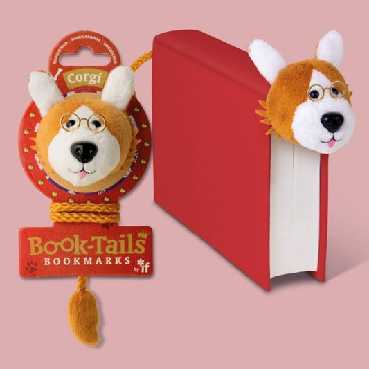 Plush corgi bookmark with glasses and a dangling tail.