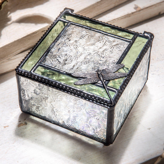Stained glass keepsake box with green trim and dragonfly embellishment
