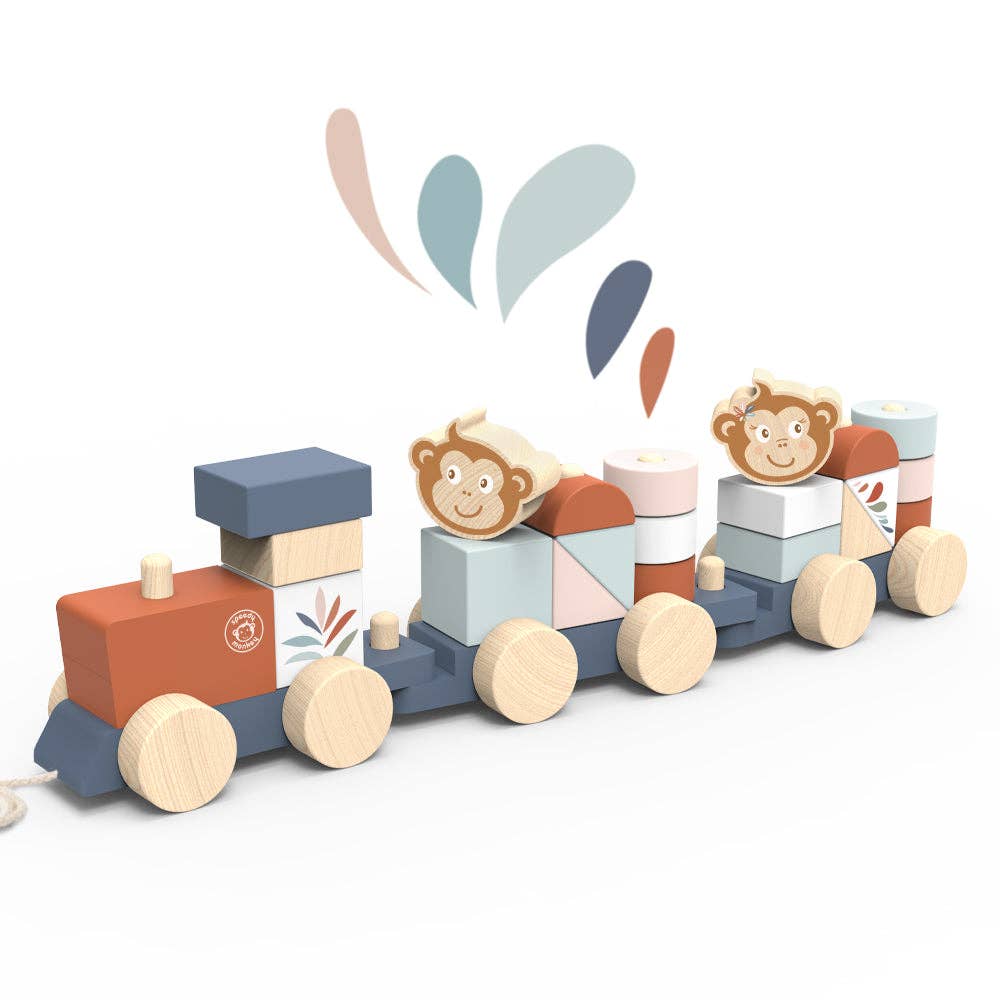 Wooden pull-along stacking train with pastel blocks and monkey characters riding on cars.
