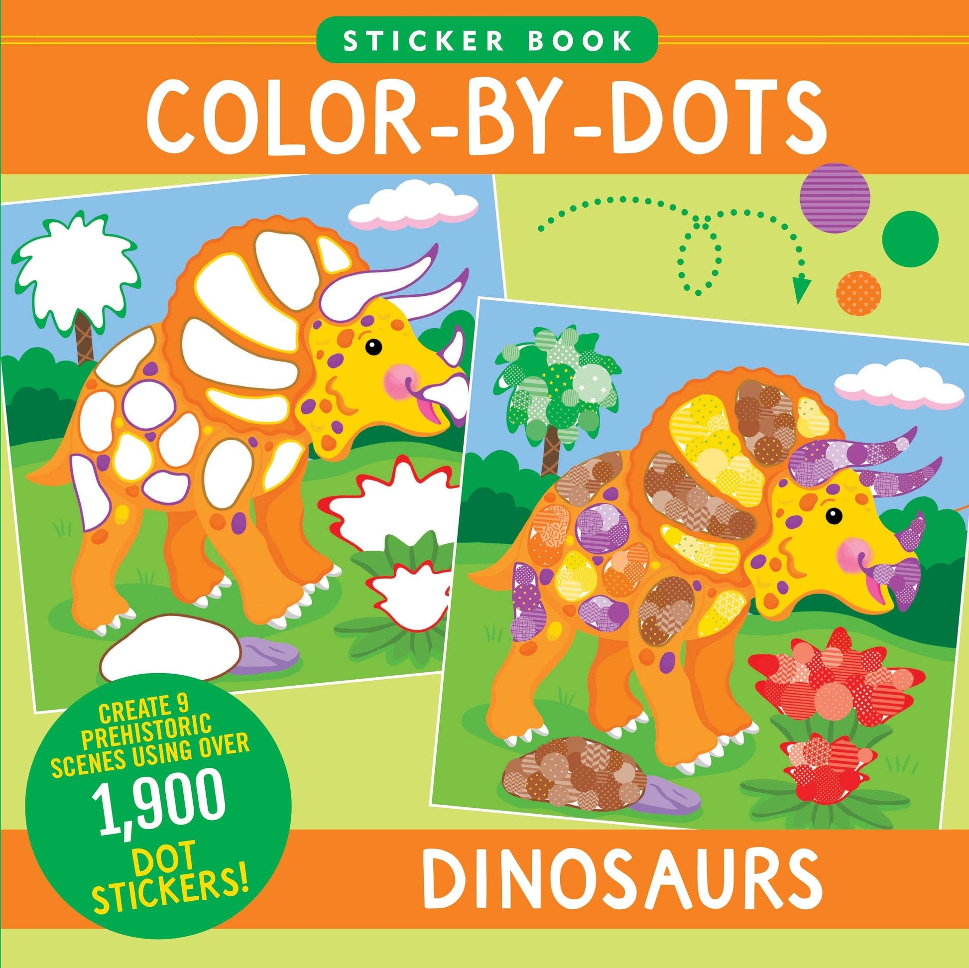 Dinosaur-themed color-by-dots sticker activity book for kids