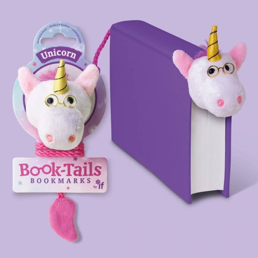 Plush unicorn bookmark with glasses and golden horn peeking from book
