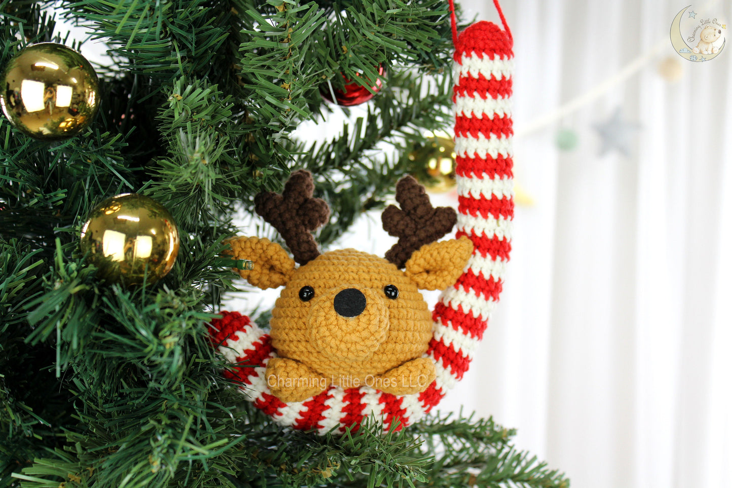 Crochet Candy Cane Ornament Reindeer - Handmade 9"