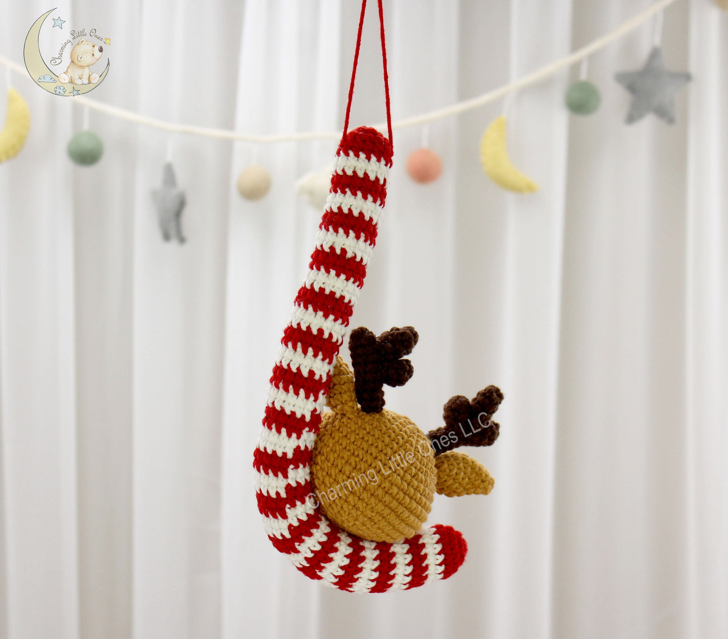 Crochet Candy Cane Ornament Reindeer - Handmade 9"