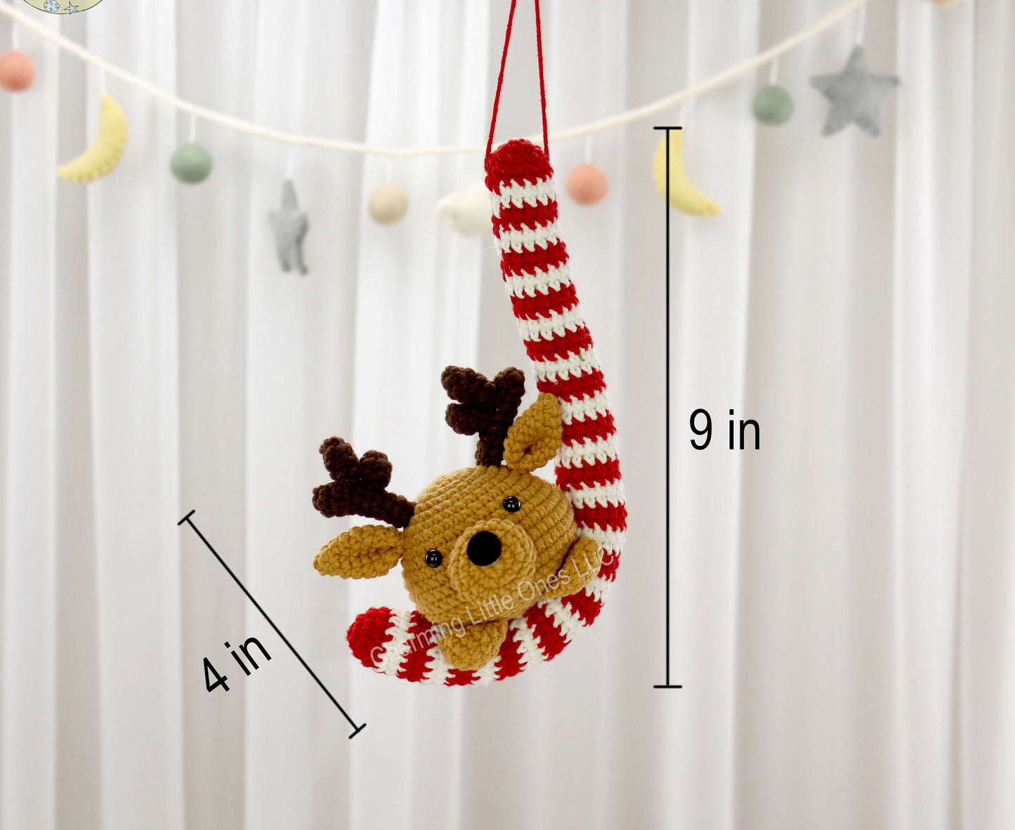 Crochet Candy Cane Ornament Reindeer - Handmade 9"