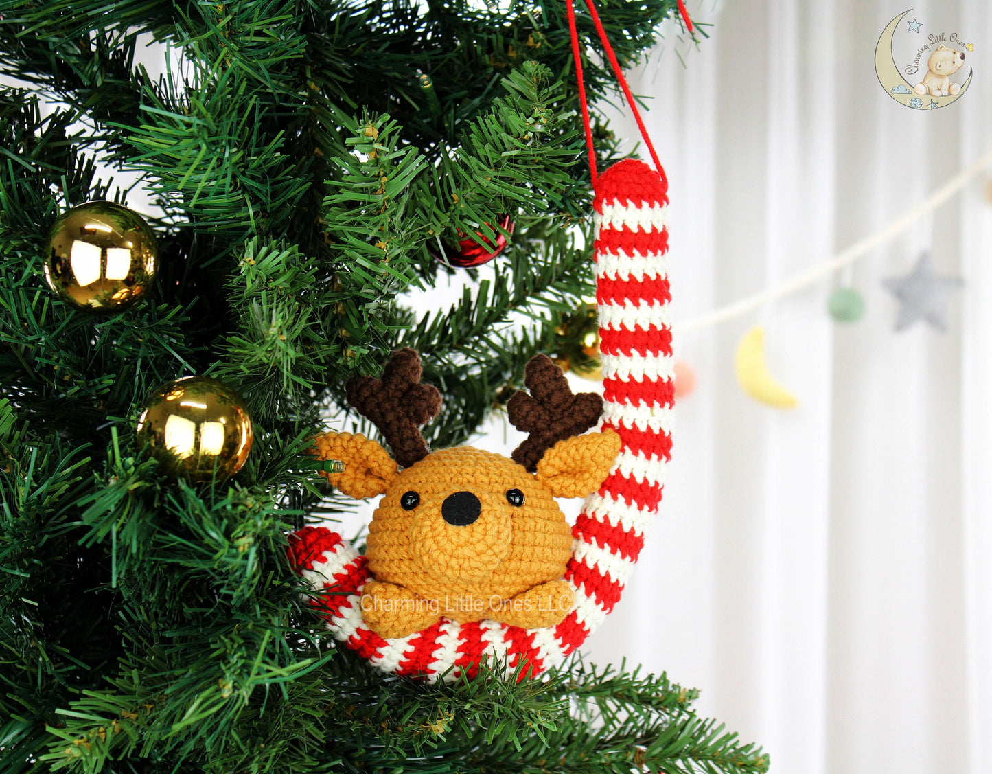 Crochet Candy Cane Ornament Reindeer - Handmade 9"