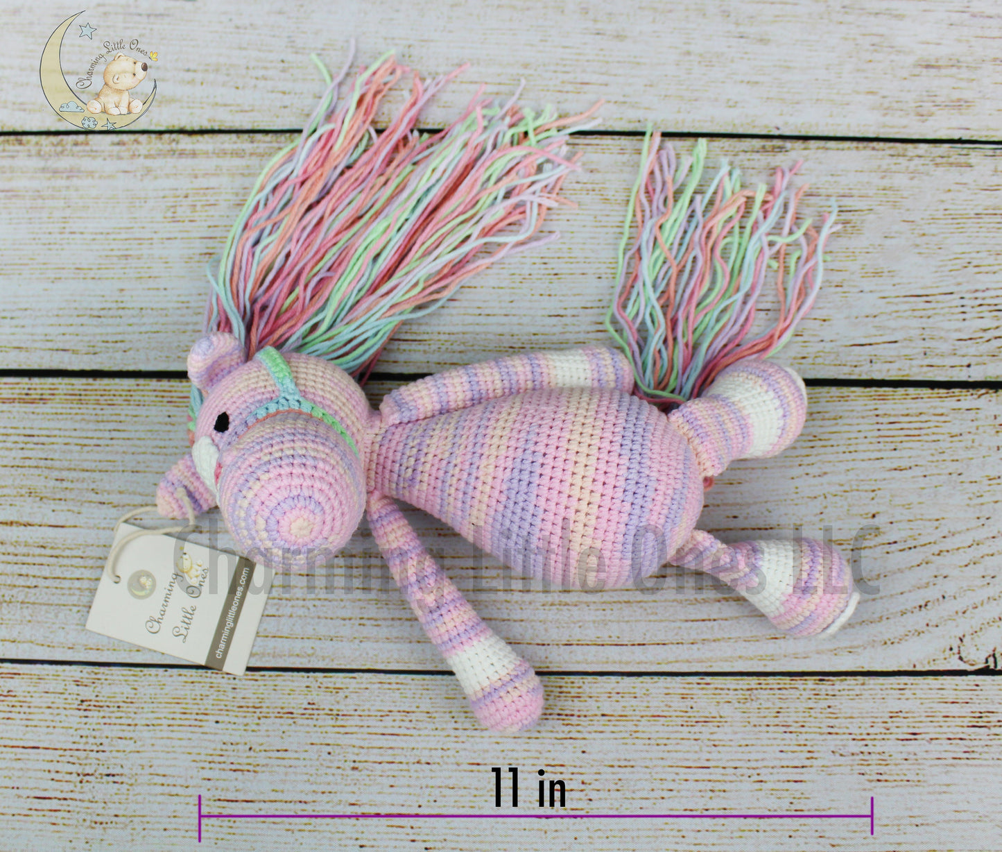 Caballo de crochet rosa, caballo de peluche, decoración de guardería, caballo arcoíris, regalo para niños, regalo de baby shower, regalo de primer cumpleaños, regalo de anuncio de nacimiento