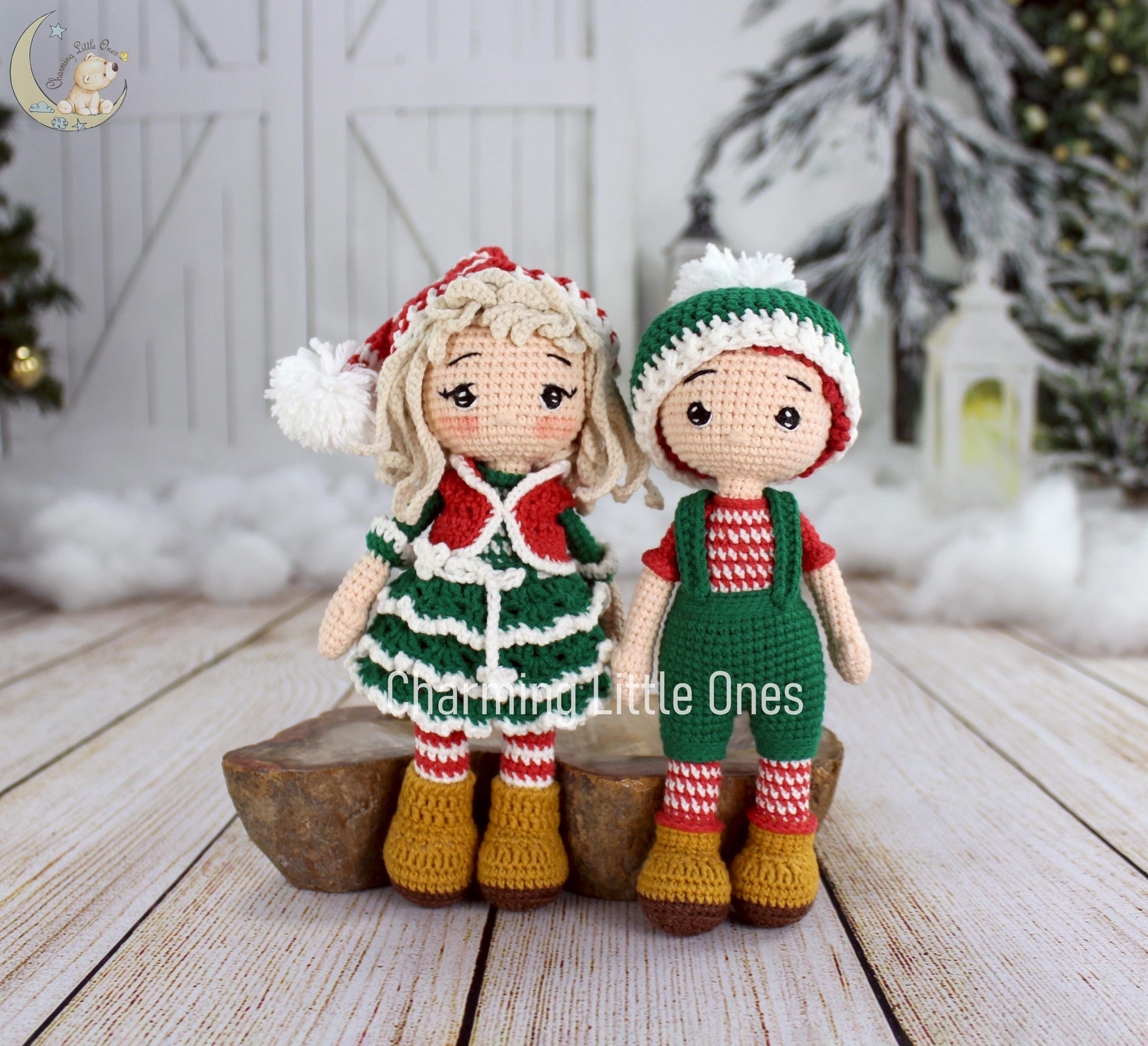 Handmade 9-inch crochet Christmas doll in festive green and red outfit with cozy hat and boots.