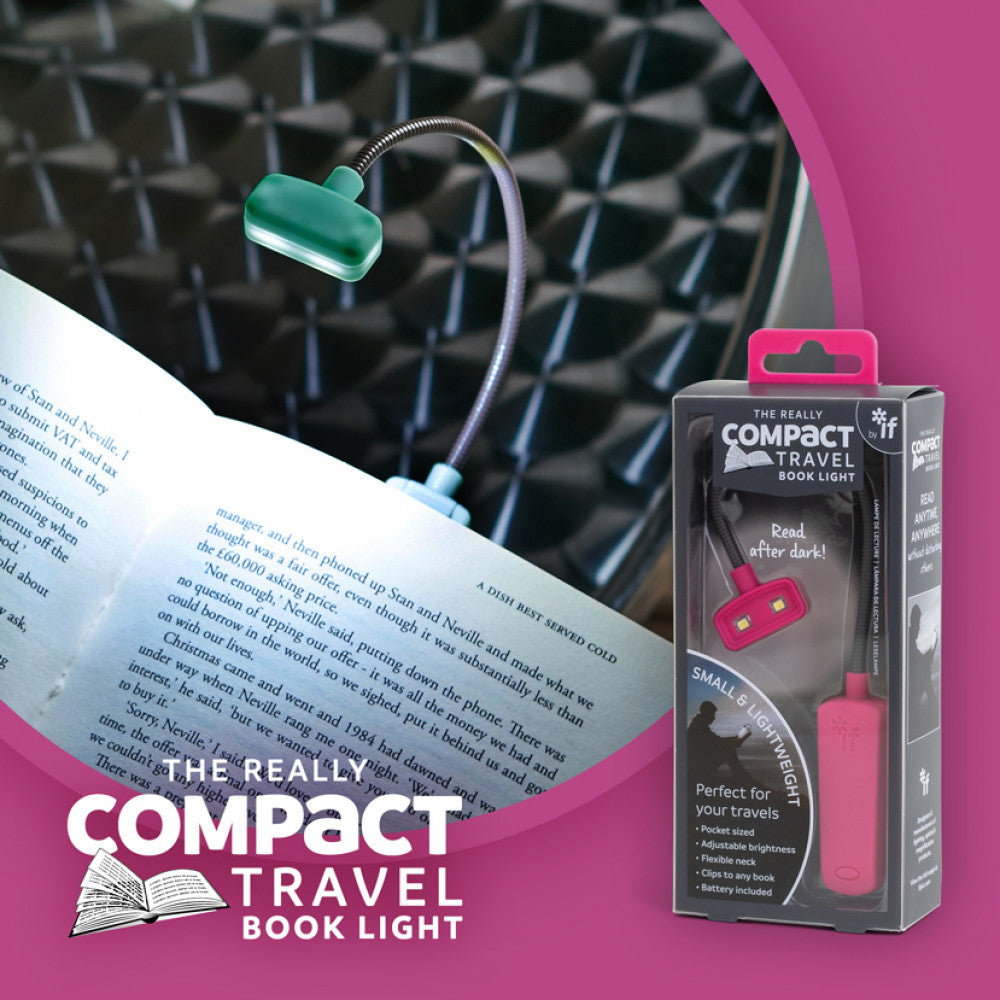 Compact travel book light with a flexible neck, dimmable feature, and clip-on design for easy reading.
