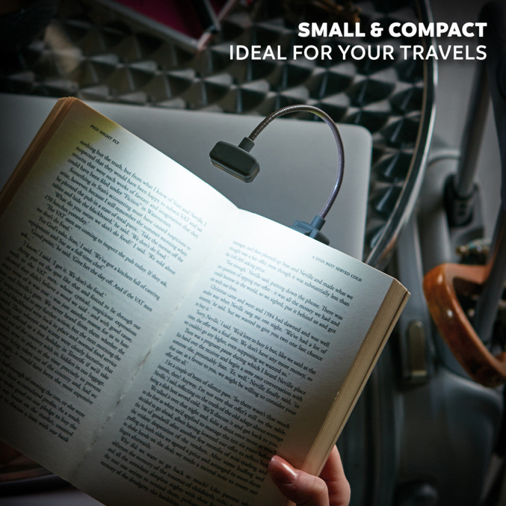 Flexible clip-on book light with an adjustable neck and dimmable feature, perfect for reading.