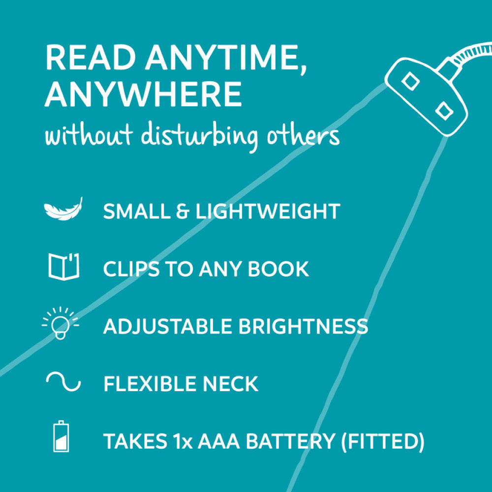 Flexible clip-on book light with an adjustable neck and dimmable feature for easy reading.