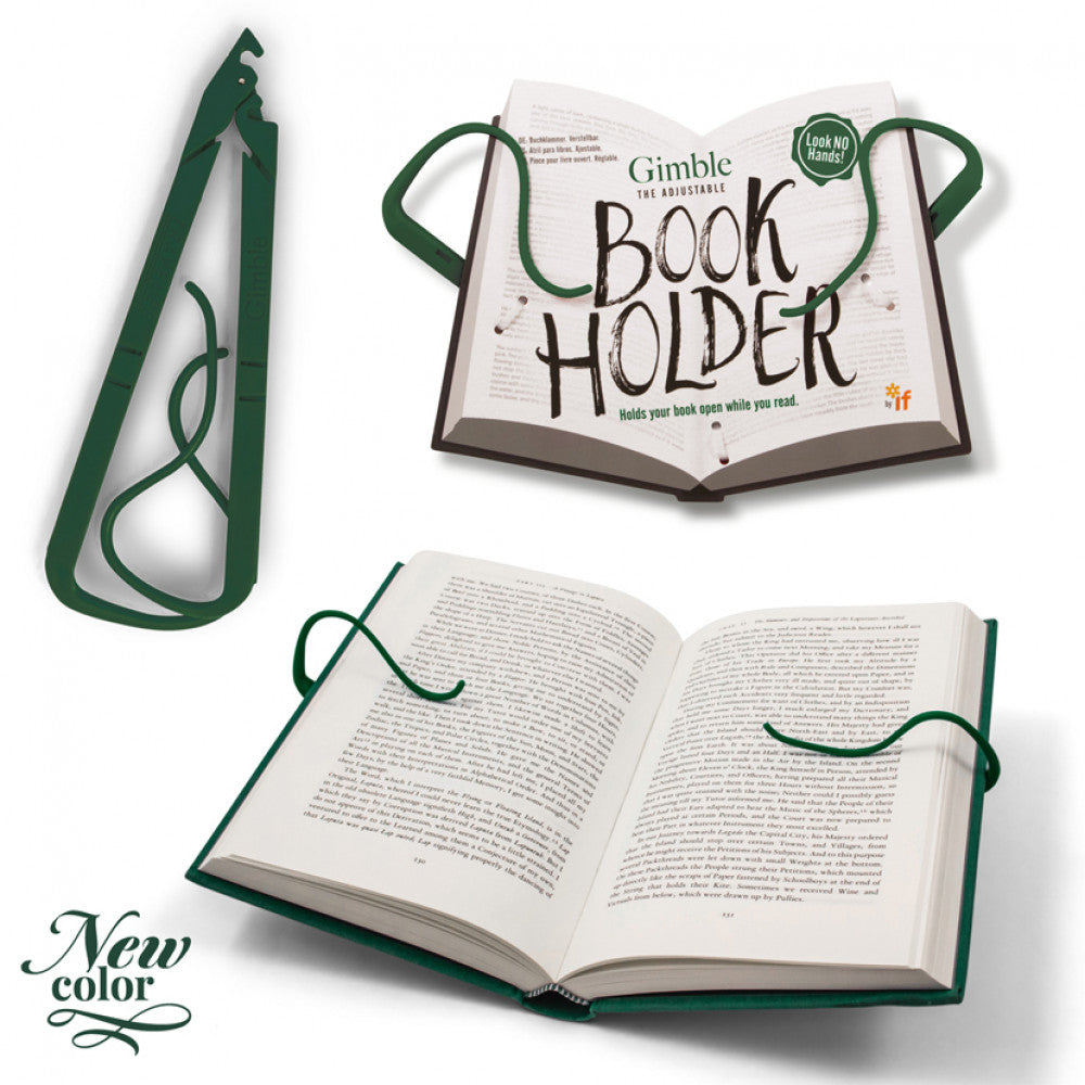 Aqua foldable book holder keeps your book open with adjustable arms for hands-free reading.