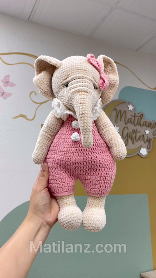 Crochet Elephant - Pink Overalls 13"