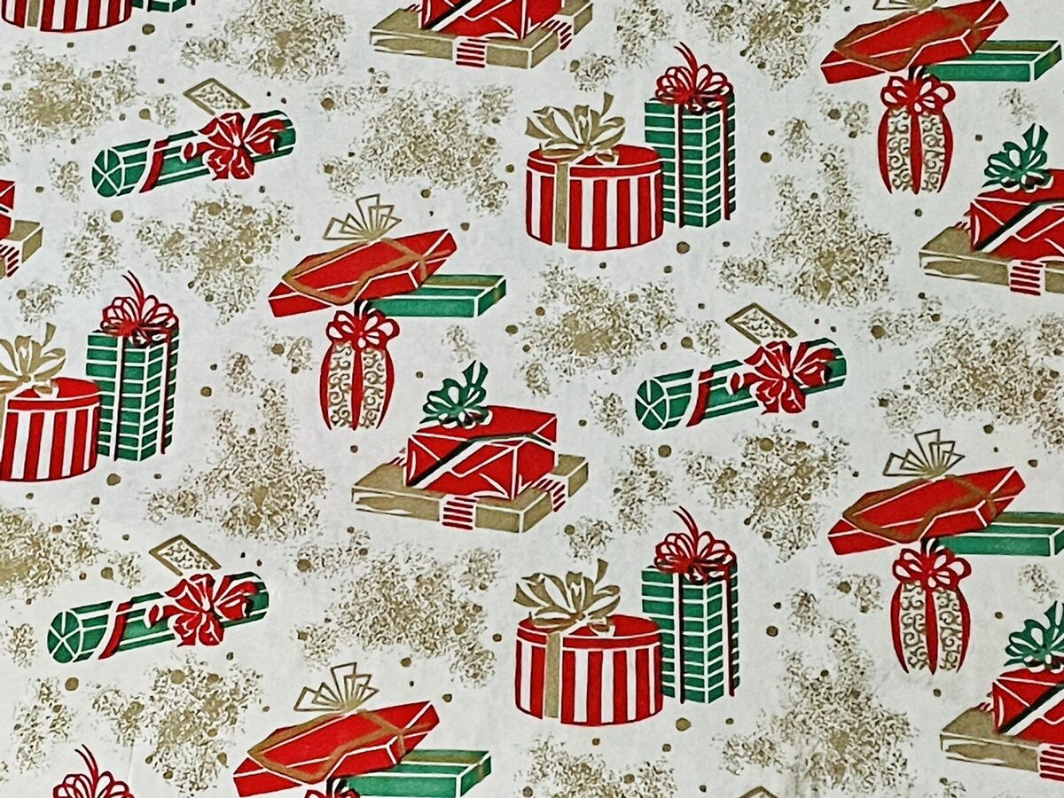 Festive gift wrapping paper with red, green, and gold presents on a white background.