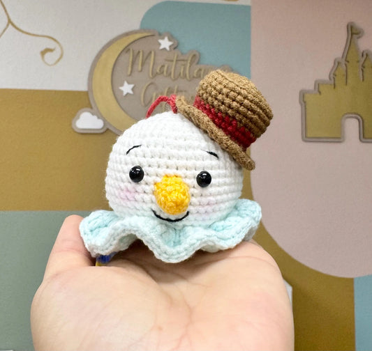 Cute crochet snowman ornament with a brown hat, yellow nose, and blue scarf.